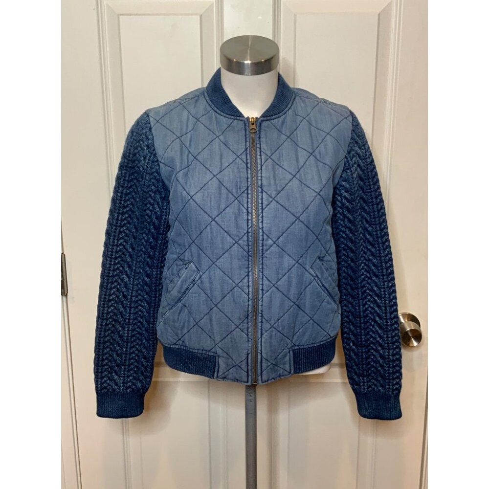 cloth & stone Blue Chambray Quilted Bomber Jacket W/ Cable Knit Sleeve, Size XS
